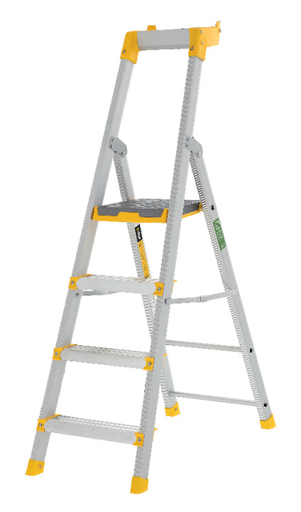 Grå och gul trappstege med fyra steg och stabila fötter.