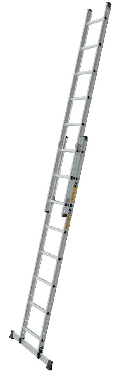 Tvådels utskjutsstege i aluminium med säkerhetsstöd och räfflade steg.