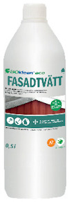 Vit plastflaska med etikett som visar texten "BIOkleen eco FASADTVÄTT" och en bild av en röd byggnad.