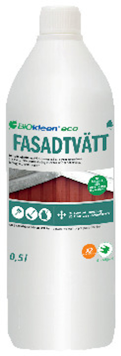Vit plastflaska med etikett som visar texten "BIOkleen eco FASADTVÄTT" och en bild av en röd byggnad.