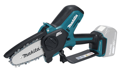 Beskärningssåg med svart och blått handtag, silverfärgad kedja; märkt "Makita".