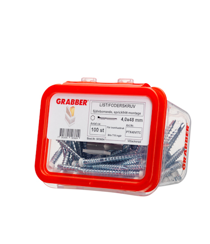 Förpackning med skruvar märkt "GRABBER" "list/foderskruv" och text "Självborrande, spräckfritt montage, 100 st, 4.0x48 mm".