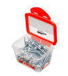 Transparent plastbehållare med skruvar, rött lock. Märkt "GRABBER".