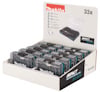 Display med Makita Impact Black bitssatser, totalt 33 bitar i plastlådor, med bilder och text på förpackningen.