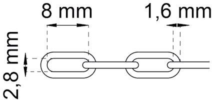 Kedja med måtten 8 mm längd, 2,8 mm höjd och 1,6 mm tjocklek.
