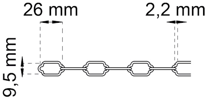 Kedjeillustration med måtten 26 mm x 9,5 mm x 2,2 mm.