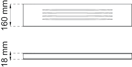 Diagram över en rektangulär komponent med måtten 160 mm x 18 mm.
