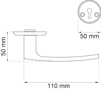 Ritning av dörrhandtag med måtten 50 mm höjd och 110 mm längd, samt nyckelhålsskylt med 50 mm diameter.