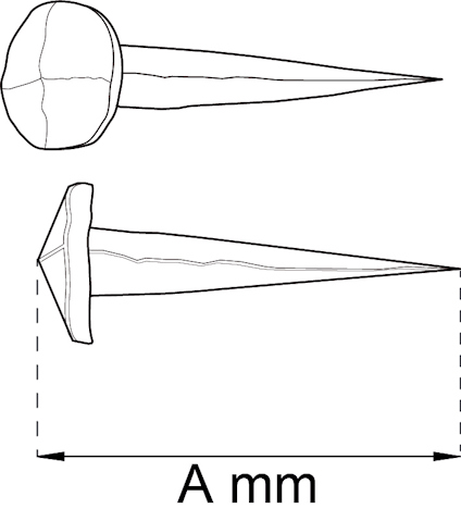 Svartvit ritning av en tumme med spets nedåt. En streckad linje markerar en längd "A mm".
