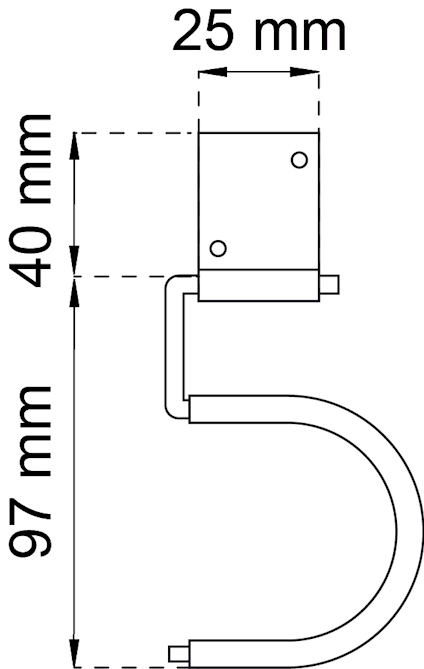 Diagram över krok med mått: 25 mm, 40 mm, 97 mm.