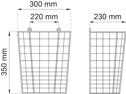 Ritning av korg med mått: bredd 300 mm, djup 220 mm, höjd 350 mm; sida djup 230 mm.