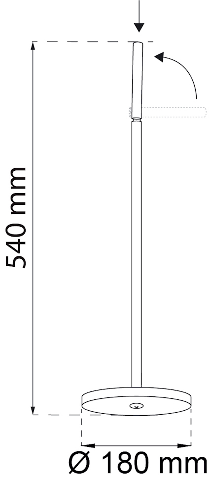 Diagram av en stående lampa med mått: höjd 540 mm, basdiameter 180 mm. Pilar indikerar justerbart huvud.