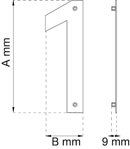 Skiss av metallskylt formad som siffran "1" med mått A mm och B mm, tjocklek 9 mm.