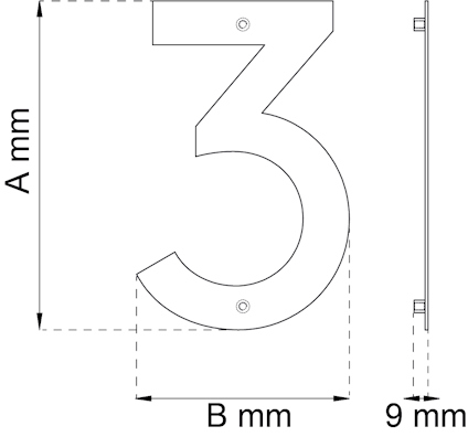 Ritning av en siffran tre med två fästhål och måttangivelser A mm, B mm, sidovy visar tjocklek 9 mm.
