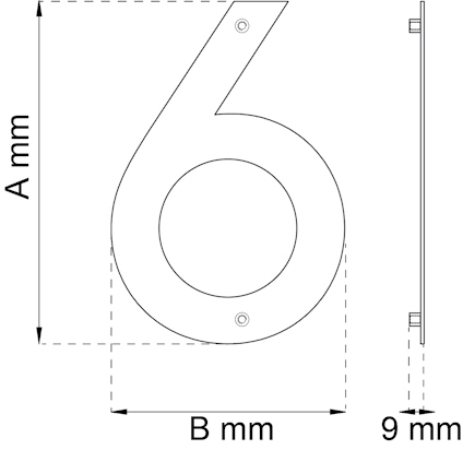 Svartvit teknisk ritning av siffran "6" med måttangivelser A mm och B mm, sidovy visar tjocklek 9 mm.