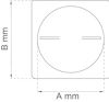 Ritning av kvadratisk platta med rund mitt och två horisontella linjer. Mått angivna: A mm och B mm.