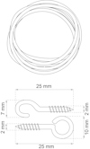 Schematiska ritningar av en krok med mått på 25 mm och 10 mm tråd, samt en spiralformad kabel.