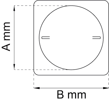 Ritning av kvadrat med mått A mm och B mm samt cirkel inuti.