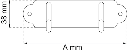 Ritning av en rektangulär skylt med två fästhål, bredd märkt som A mm och höjd som 38 mm.