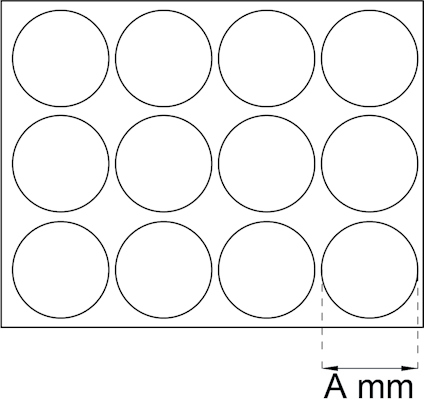 Ritning av rektangel med 12 cirklar i rader, markerad med längdmåttet "A mm" i nedre högra hörnet.