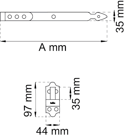 Ritning av en metallplatta med mått: 97 mm höjd, 44 mm bredd, och 35 mm djup. En annan del med bredd "A mm".