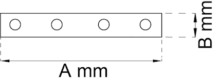 Rektangel med måtten A mm och B mm, innehållande fyra jämnt fördelade cirklar på en rad.