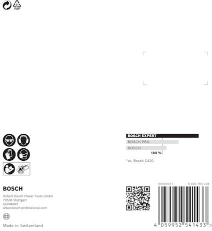 Förpackning med Bosch-logotyp och QR-kod, plus ikoner och streckkod. Text: "Bosch Expert", "C420", "Made in Switzerland."