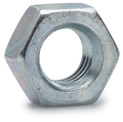 Sexkantig mutter av metall med gängat hål i mitten.