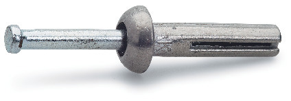 Metallspikplugg i silverfärgat stål med en bred krage och cylindrisk kropp.