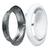 Ventilationsdon med tre delar: en rund vit front, en metallisk skiva och en cirkulär hållare.