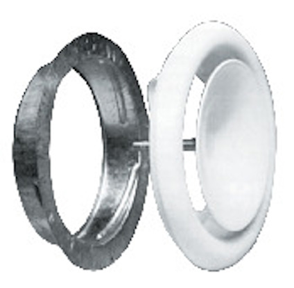 Ventilationsdon med tre delar: en rund vit front, en metallisk skiva och en cirkulär hållare.