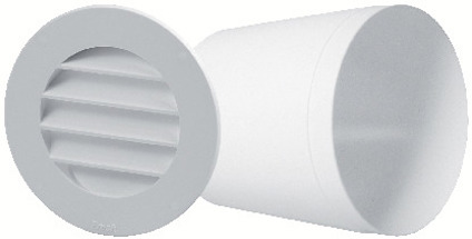 Vit plastventil med horisontella spjäll och cylindrisk anslutning bakom.