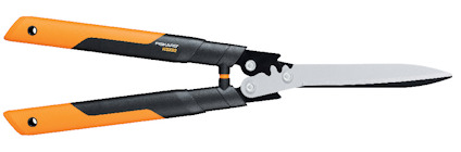 Häcksax med orange och svarta handtag samt silverfärgade blad.