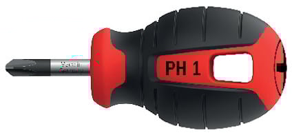 Svart och röd stubby skruvmejsel med märket "PH 1". "Made in Germany" syns på skaftet.