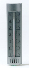 Silverfärgad termometer med graderingsskala från -50 till 50.