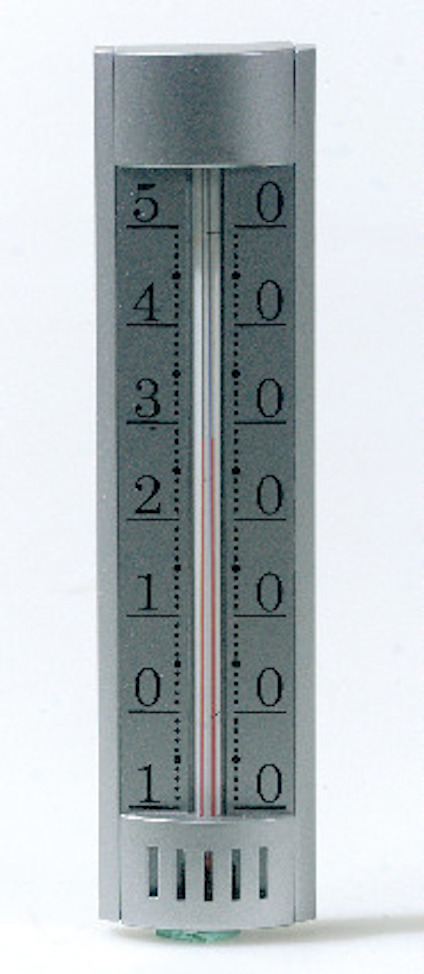 Silverfärgad termometer med graderingsskala från -50 till 50.