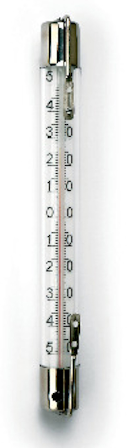 Termometer med kapillär, grader Celsius, metallclips i båda ändar.