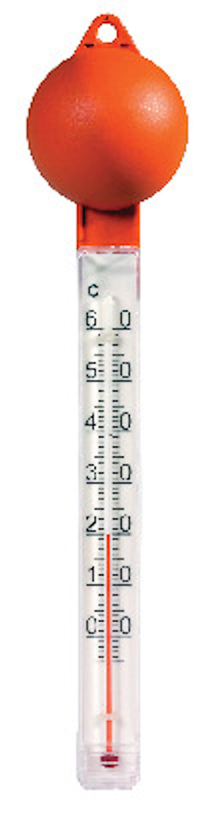 Orange flytande termometer med graderad skala för Celsius, avsedd för bad eller pool.