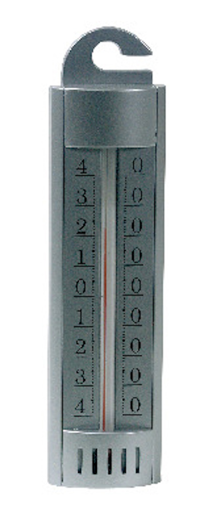 Silverfärgad frystermometer med krok, vertikal skala från 4 till -4 grader, rör centralt placerat.