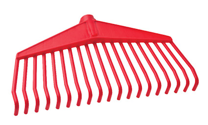 Rött räfshuvud i plast med böjda tänder och ett fäste för skaft.