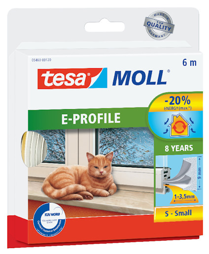Förpackning med tätlist Tesa Moll E-Profile, bild av en katt vid ett fönster, text om energibesparing och hållbarhet.