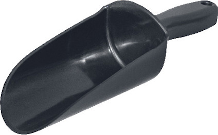 Svart plastskopa med handtag och oval skålform.