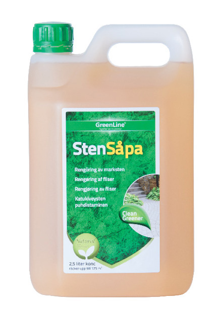 Plastdunk med grön kork och etikett med texten "StenSåpa" och information om användning för rengöring.