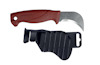 Mattkniv med rött plasthandtag och böjt blad, med svart skyddshölje bredvid.
