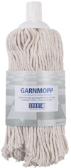 Garnmopp med vita moppremsor och ett vitt handtag, etikett med texten "GARNMOPP" och bildelement av ett golv.