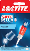 Förpackning med Loctite superlim för glas, upp och nedvänd man, trasigt glas och limtub med droppande lim.