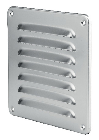 Ventilgaller i silverfärgat aluminium med sju horisontella spjälor och fyra monteringshål i hörnen.