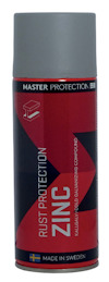Sprayburk med etikett: "MASTER PROTECTION RUST PROTECTION ZINC KALLGALVANISERING COMPOUND". Tillverkad i Sverige.