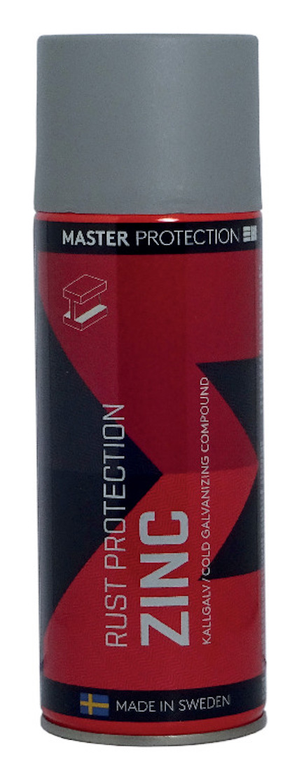 Sprayburk med etikett: "MASTER PROTECTION RUST PROTECTION ZINC KALLGALVANISERING COMPOUND". Tillverkad i Sverige.