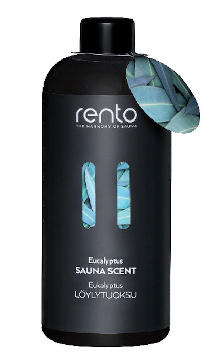 Svart flaska med etiketttexten "rento Eucalyptus SAUNA SCENT" och hängande bladdekoration.